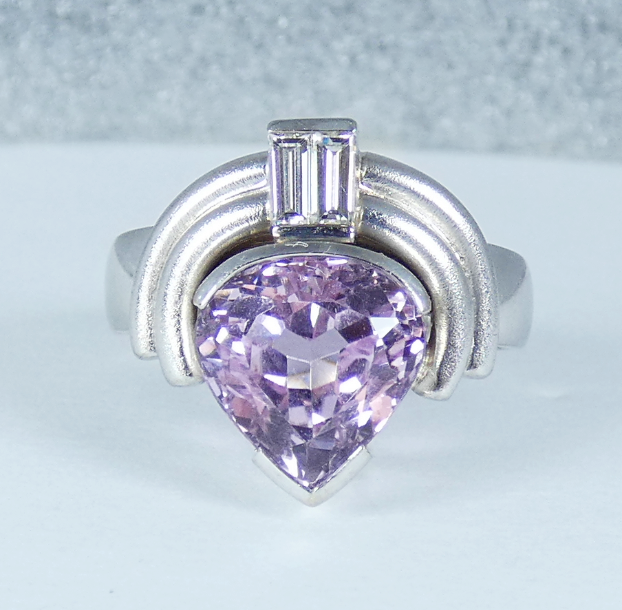 Vintage Heavy Solid 18ct White Gold Pink Kunzite & Diamond Dress Ring 9.5 S 60