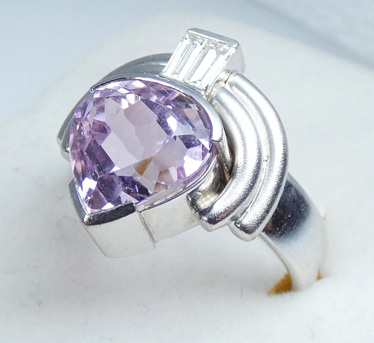 Vintage Heavy Solid 18ct White Gold Pink Kunzite & Diamond Dress Ring 9.5 S 60