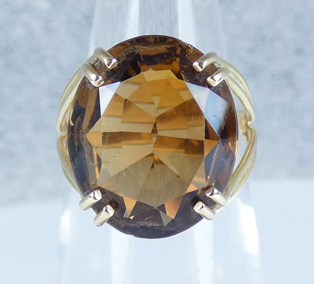 Vintage Solid 9ct Yellow Gold 16mm Smoky Quartz Cocktail Dress Ring Size 6 L 51