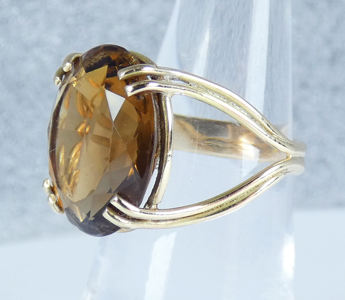 Vintage Solid 9ct Yellow Gold 16mm Smoky Quartz Cocktail Dress Ring Size 6 L 51