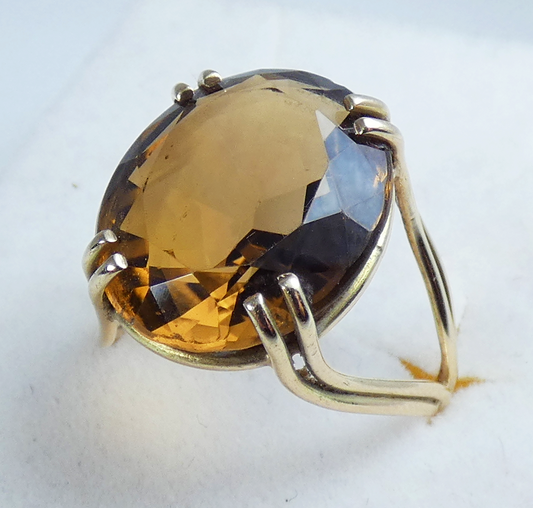 Vintage Solid 9ct Yellow Gold 16mm Smoky Quartz Cocktail Dress Ring Size 6 L 51