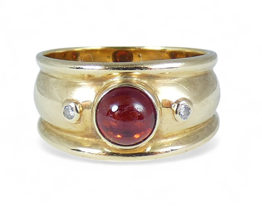Vintage Solid 9ct Yellow Gold Cabochon Garnet & Diamond Dress Ring Size 6.5 M 52