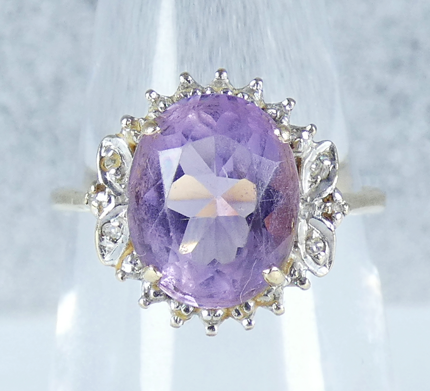 Vintage Solid 9ct Yellow Gold Amethyst Diamond Cluster Dress Ring Size 6.5 M 52