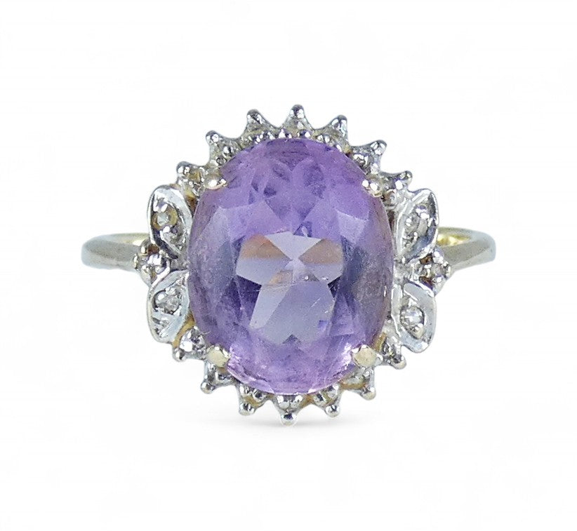 Vintage Solid 9ct Yellow Gold Amethyst Diamond Cluster Dress Ring Size 6.5 M 52
