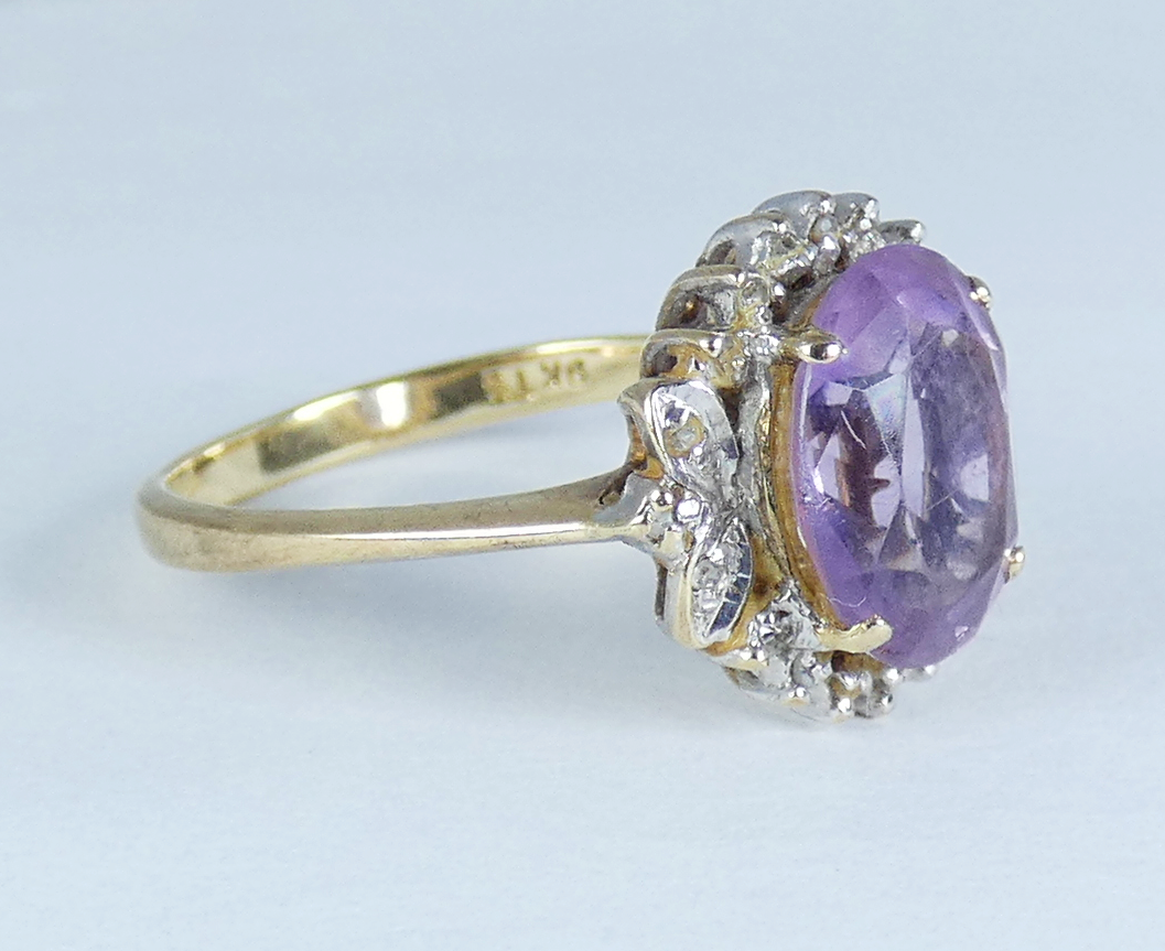 Vintage Solid 9ct Yellow Gold Amethyst Diamond Cluster Dress Ring Size 6.5 M 52