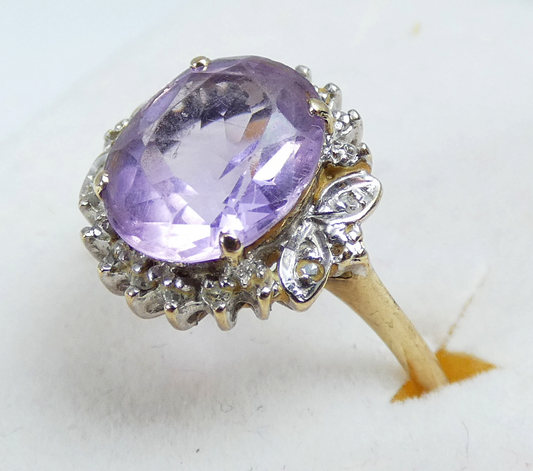 Vintage Solid 9ct Yellow Gold Amethyst Diamond Cluster Dress Ring Size 6.5 M 52