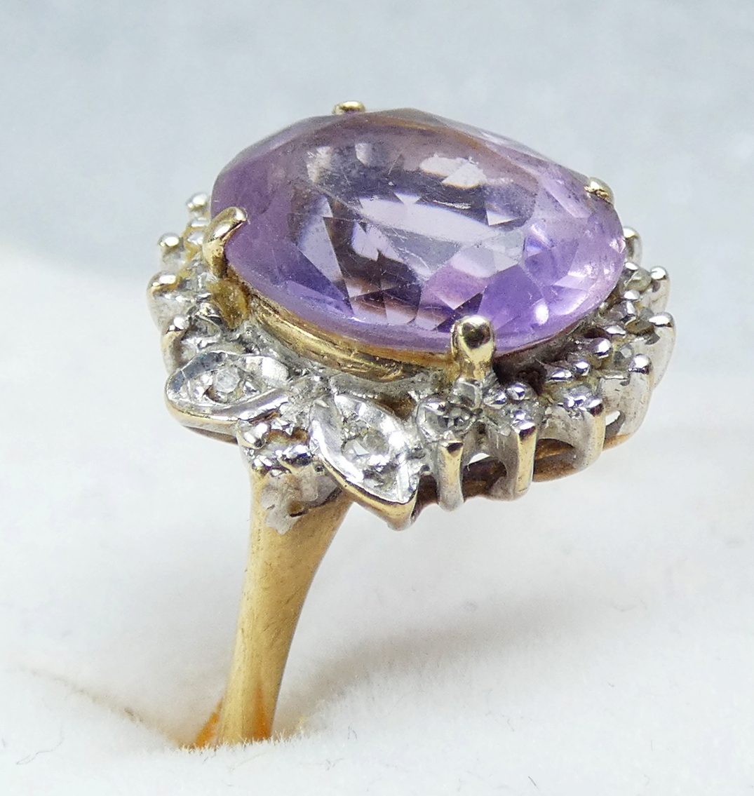 Vintage Solid 9ct Yellow Gold Amethyst Diamond Cluster Dress Ring Size 6.5 M 52
