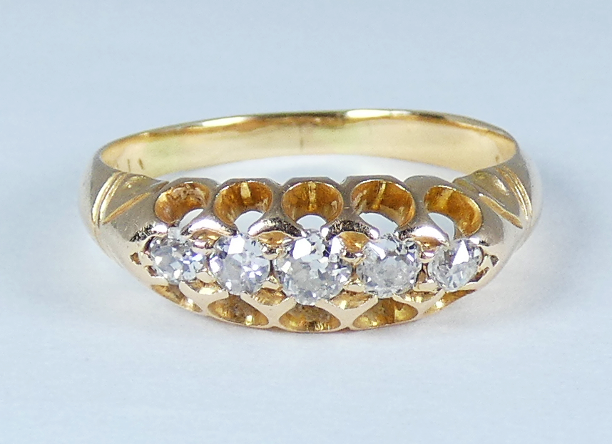 Antique Edwardian 18ct Yellow Gold 5 Stone .31ct Diamond Bridge Ring Size 7 N 54