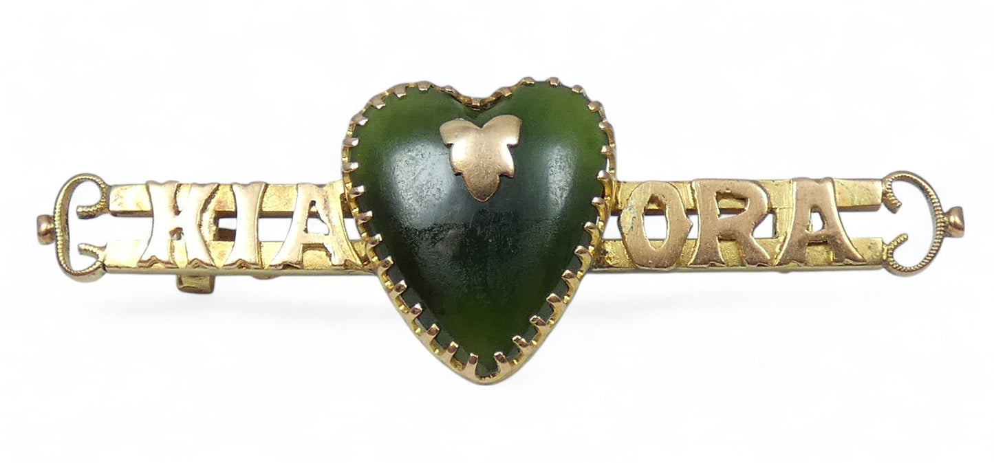 Antique NZ Solid 9ct Yellow Gold Nephrite Jade Kia Ora Love Heart Bar Brooch Pin