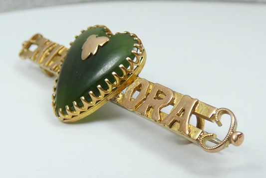 Antique NZ Solid 9ct Yellow Gold Nephrite Jade Kia Ora Love Heart Bar Brooch Pin