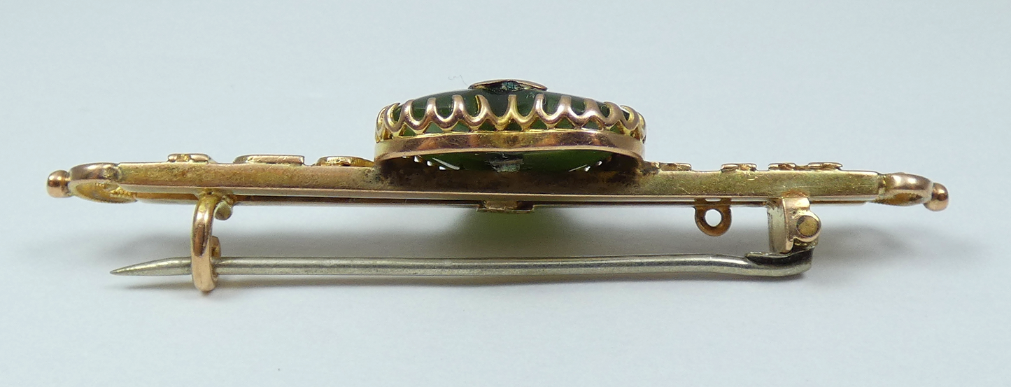 Antique NZ Solid 9ct Yellow Gold Nephrite Jade Kia Ora Love Heart Bar Brooch Pin