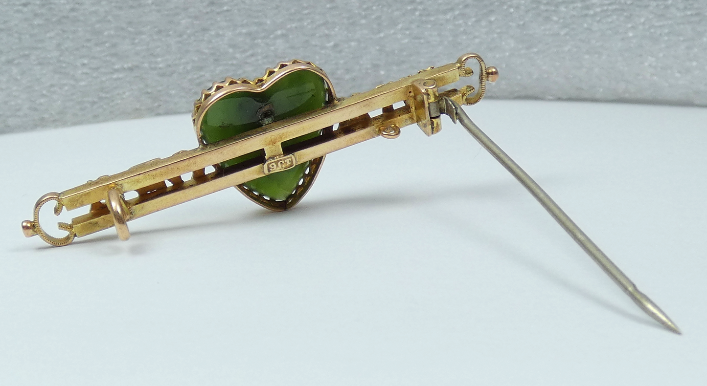 Antique NZ Solid 9ct Yellow Gold Nephrite Jade Kia Ora Love Heart Bar Brooch Pin