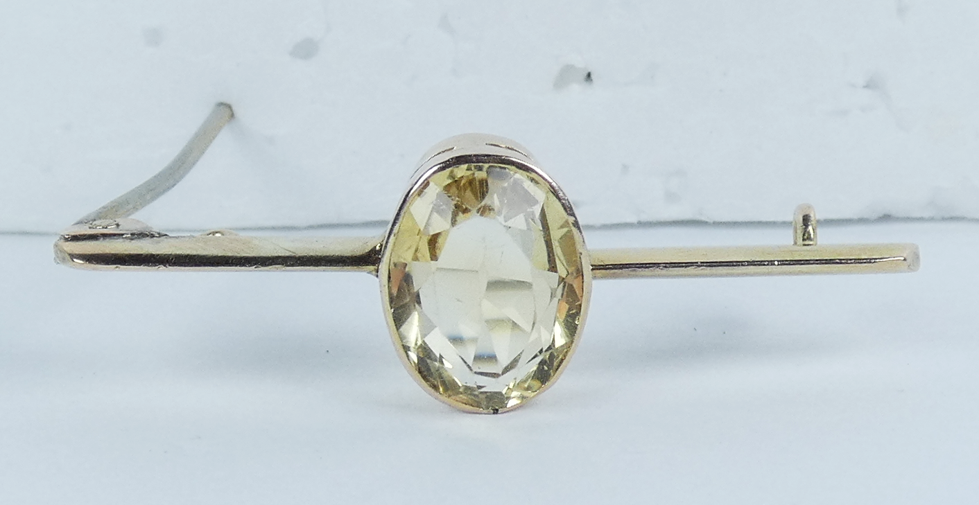 Antique Edwardian 1910 Solid 9ct Yellow Gold 3.43ct Oval Citrine Bar Brooch Pin