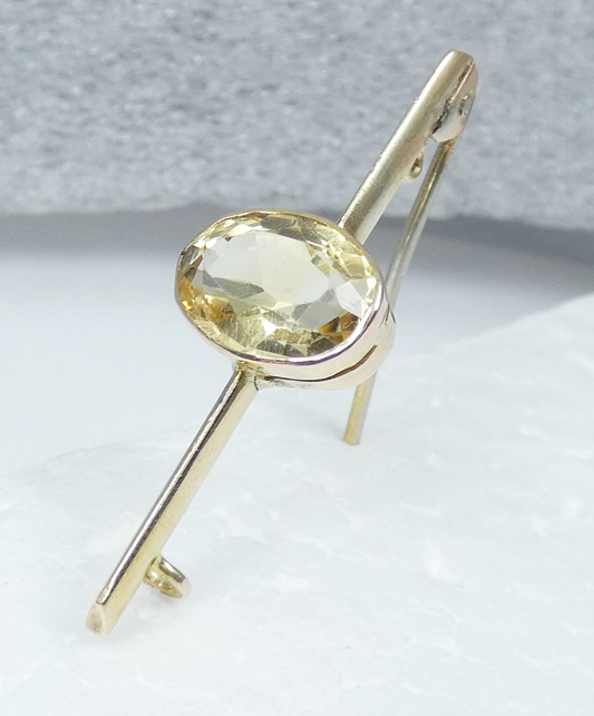 Antique Edwardian 1910 Solid 9ct Yellow Gold 3.43ct Oval Citrine Bar Brooch Pin