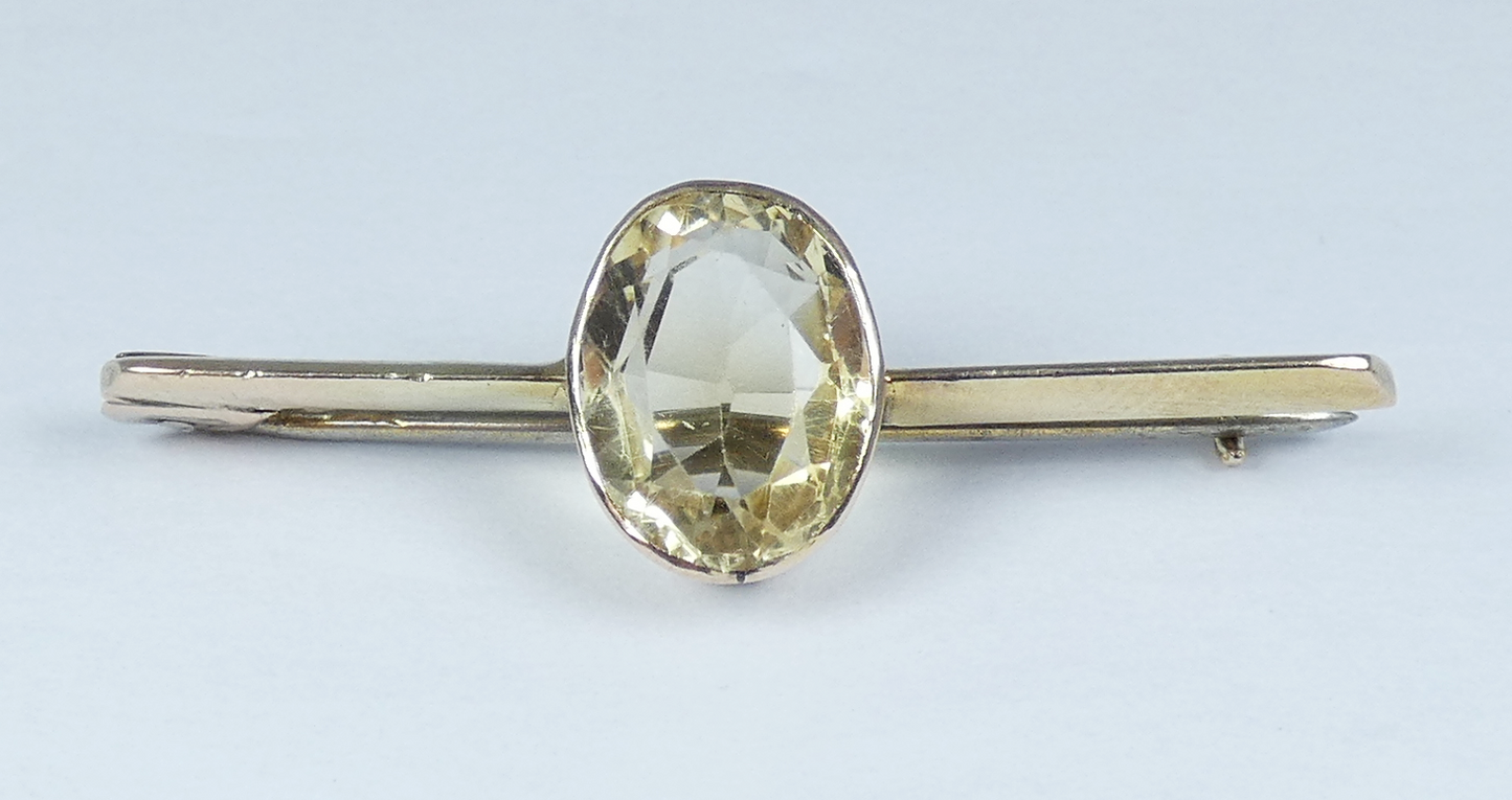 Antique Edwardian 1910 Solid 9ct Yellow Gold 3.43ct Oval Citrine Bar Brooch Pin