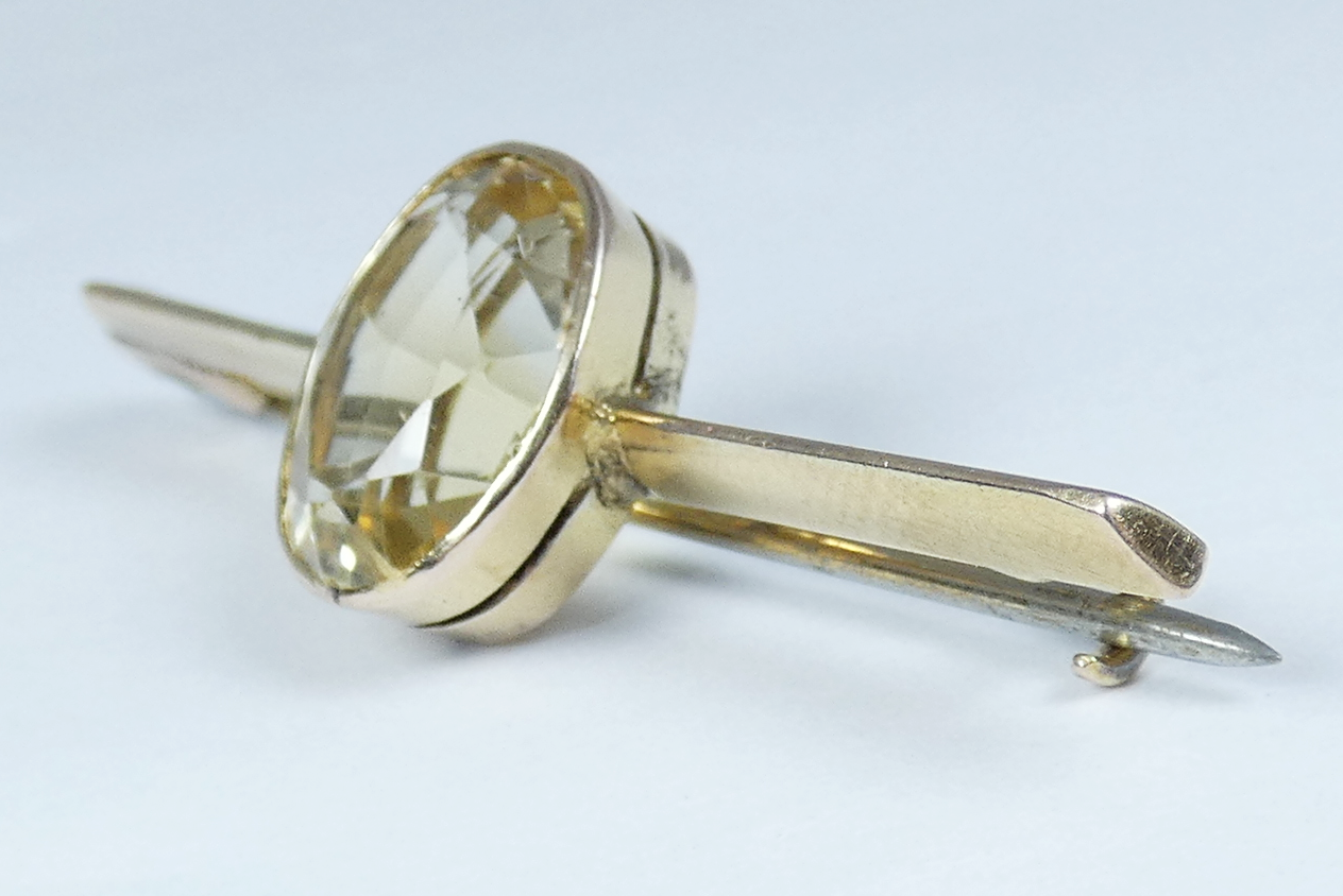 Antique Edwardian 1910 Solid 9ct Yellow Gold 3.43ct Oval Citrine Bar Brooch Pin