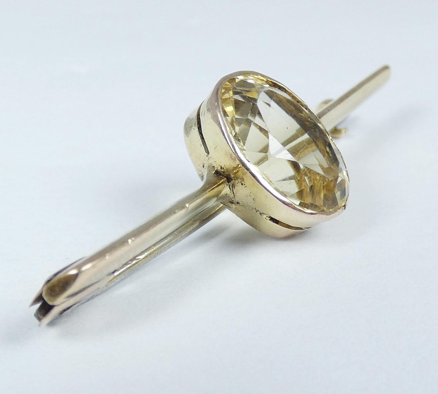 Antique Edwardian 1910 Solid 9ct Yellow Gold 3.43ct Oval Citrine Bar Brooch Pin