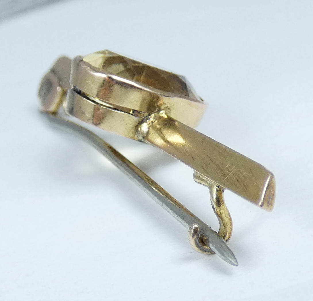 Antique Edwardian 1910 Solid 9ct Yellow Gold 3.43ct Oval Citrine Bar Brooch Pin