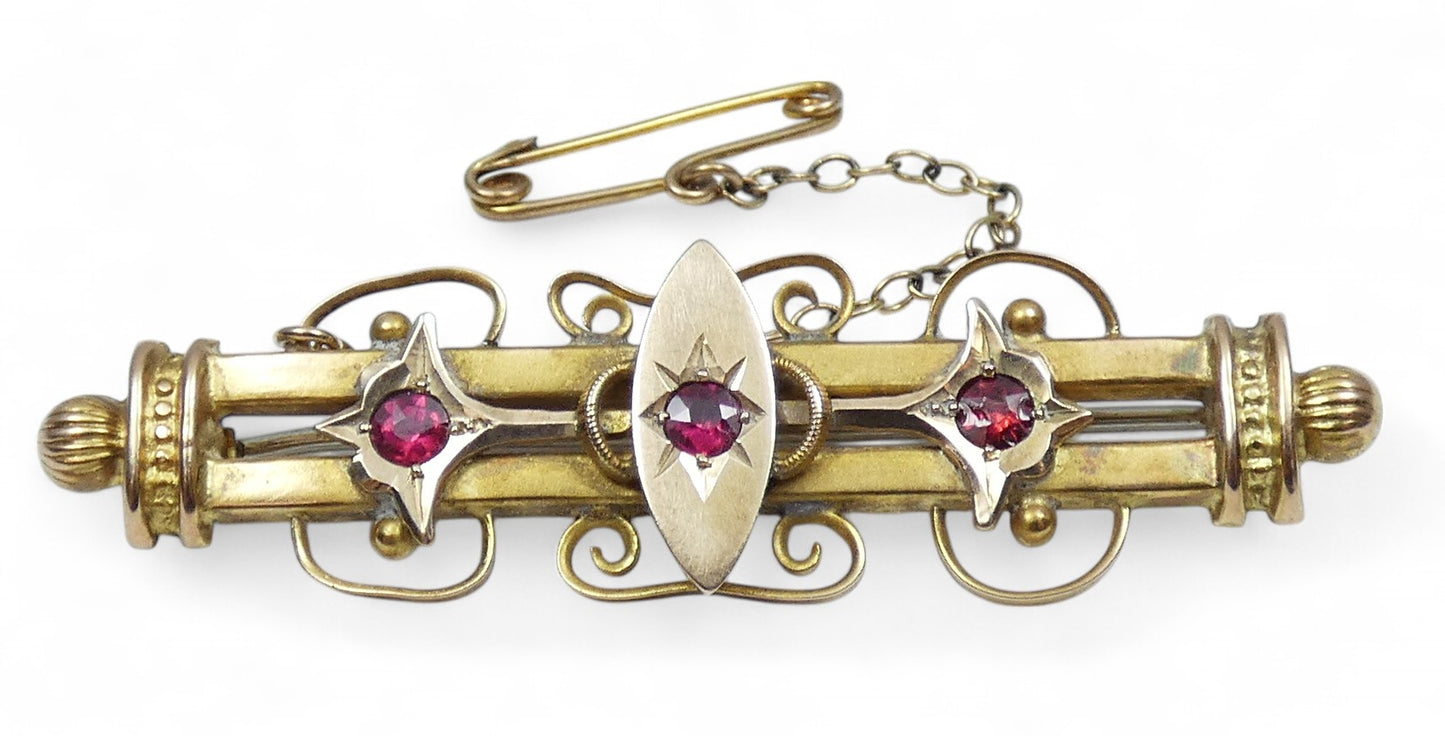Antique 1910 Australian Aronson Solid 9ct Yellow Gold Red Stone Bar Brooch Pin