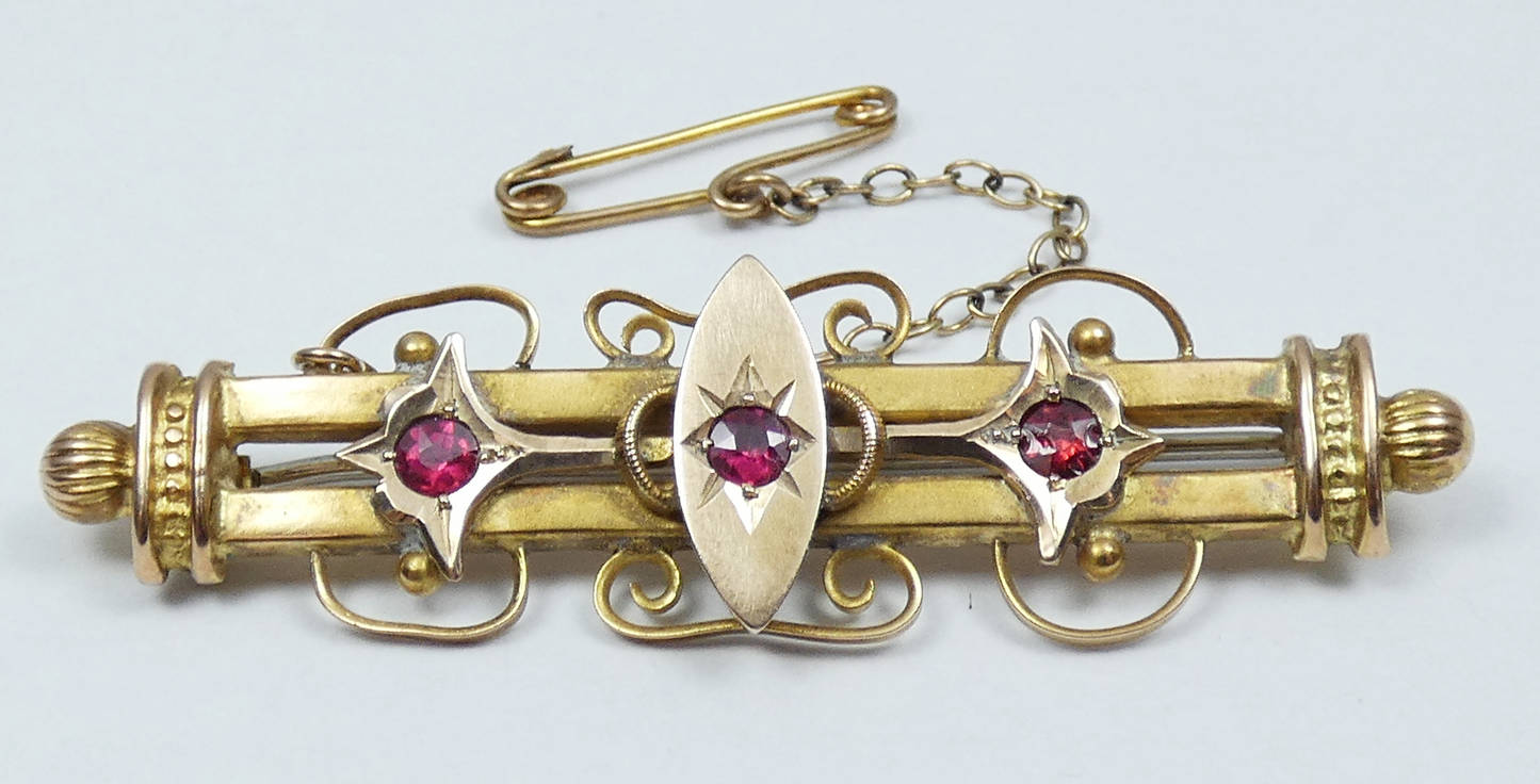 Antique 1910 Australian Aronson Solid 9ct Yellow Gold Red Stone Bar Brooch Pin