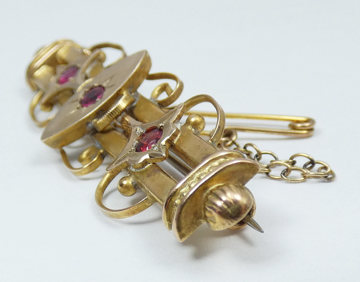 Antique 1910 Australian Aronson Solid 9ct Yellow Gold Red Stone Bar Brooch Pin