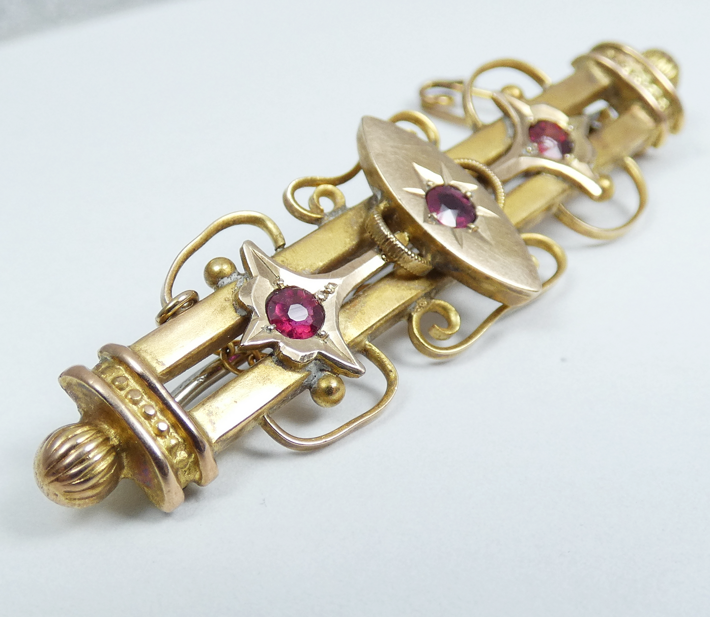 Antique 1910 Australian Aronson Solid 9ct Yellow Gold Red Stone Bar Brooch Pin