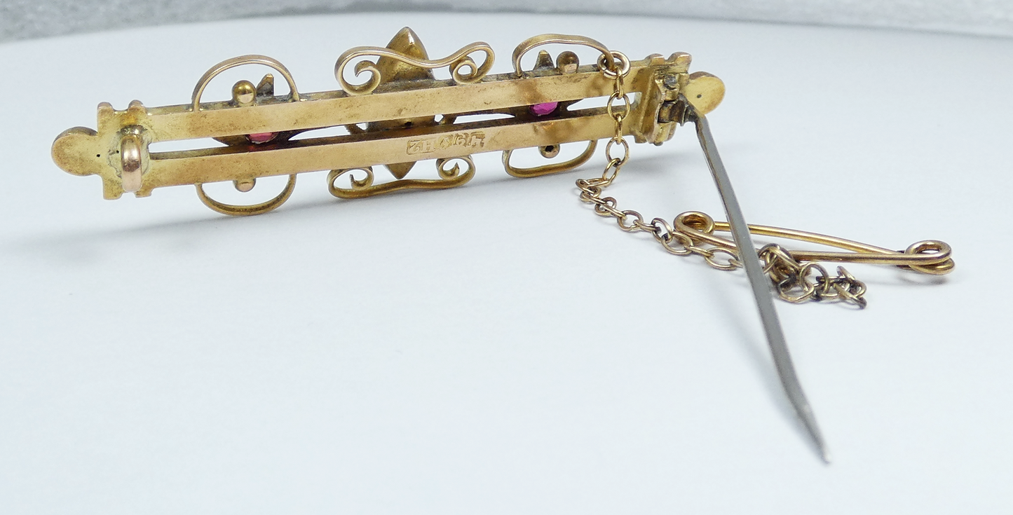Antique 1910 Australian Aronson Solid 9ct Yellow Gold Red Stone Bar Brooch Pin
