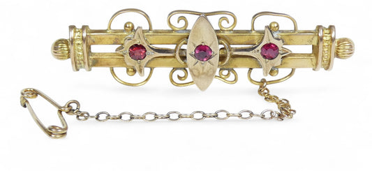 Antique 1910 Australian Aronson Solid 9ct Yellow Gold Red Stone Bar Brooch Pin
