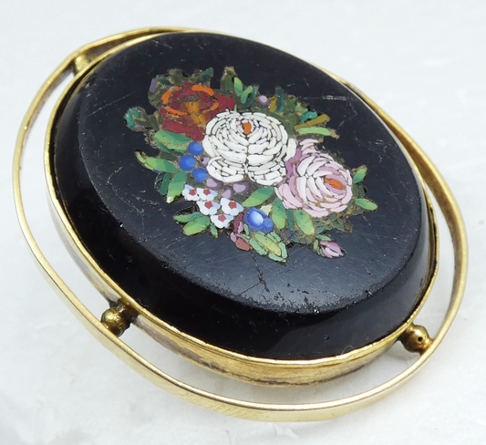Antique Victorian 9ct Yellow Gold & Onyx Pietra Dura Micro Mosaic Flower Brooch
