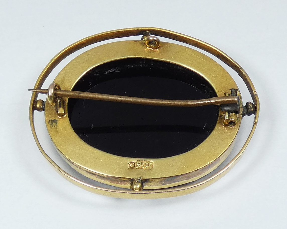 Antique Victorian 9ct Yellow Gold & Onyx Pietra Dura Micro Mosaic Flower Brooch