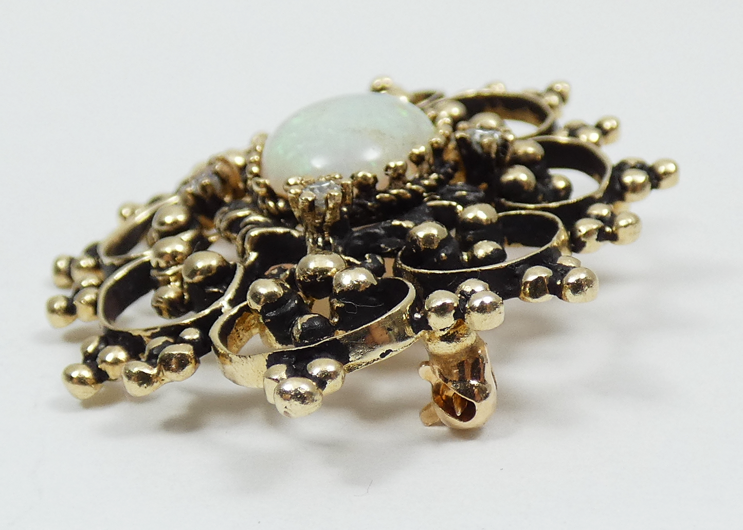 Vintage 14ct Yellow Gold Solid Opal & Diamond Filigree Necklace Pendant Brooch