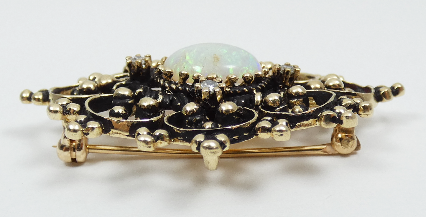 Vintage 14ct Yellow Gold Solid Opal & Diamond Filigree Necklace Pendant Brooch