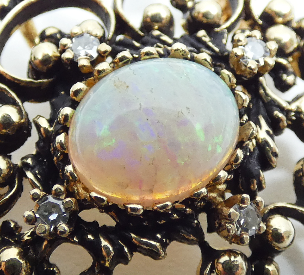 Vintage 14ct Yellow Gold Solid Opal & Diamond Filigree Necklace Pendant Brooch
