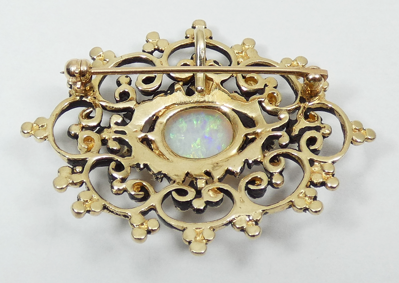 Vintage 14ct Yellow Gold Solid Opal & Diamond Filigree Necklace Pendant Brooch