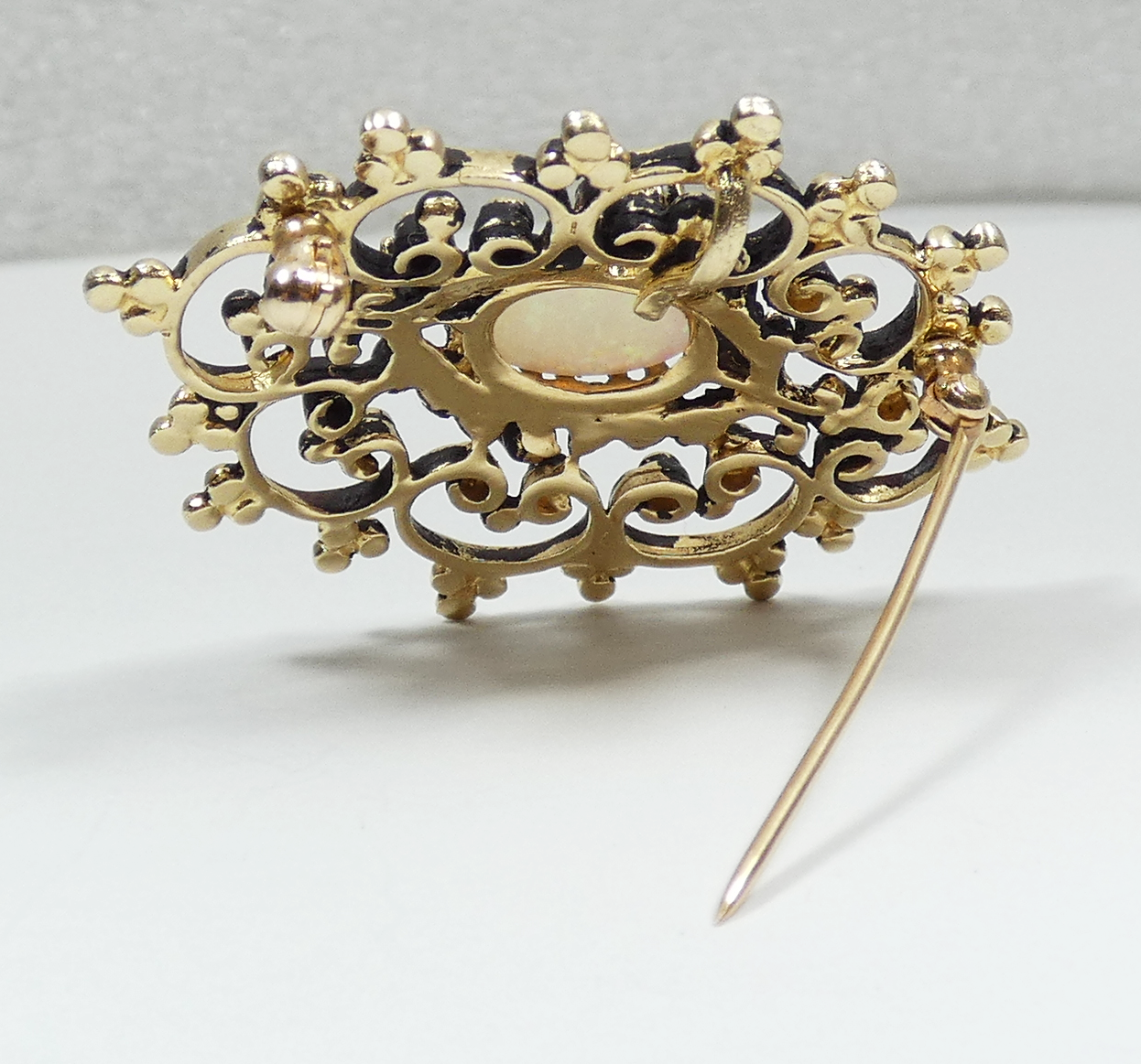 Vintage 14ct Yellow Gold Solid Opal & Diamond Filigree Necklace Pendant Brooch
