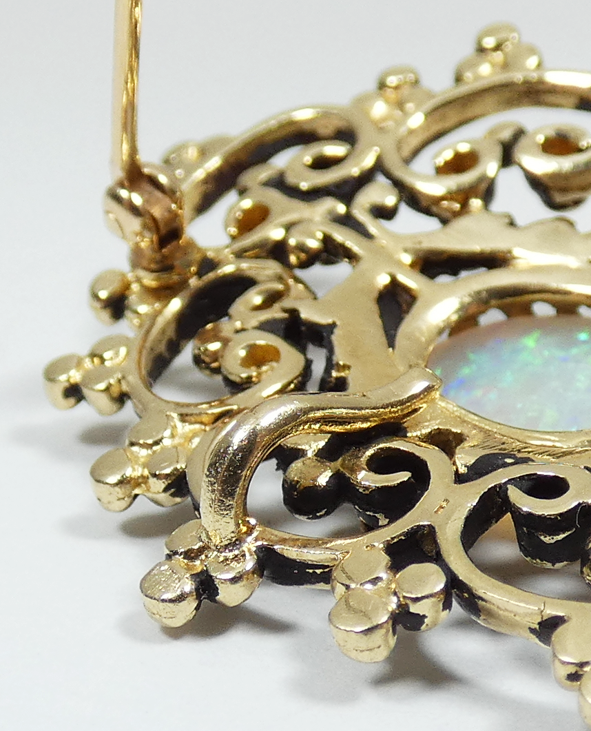 Vintage 14ct Yellow Gold Solid Opal & Diamond Filigree Necklace Pendant Brooch