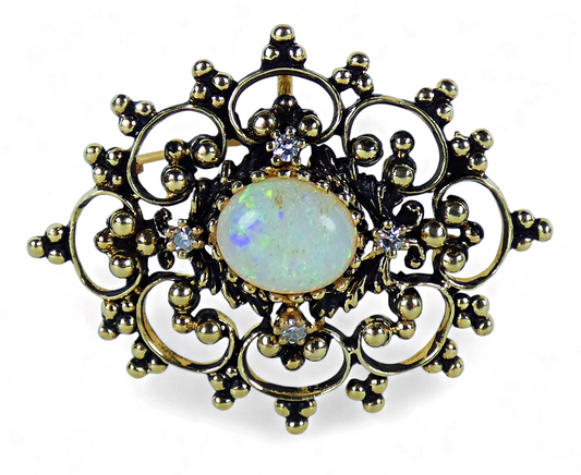 Vintage 14ct Yellow Gold Solid Opal & Diamond Filigree Necklace Pendant Brooch