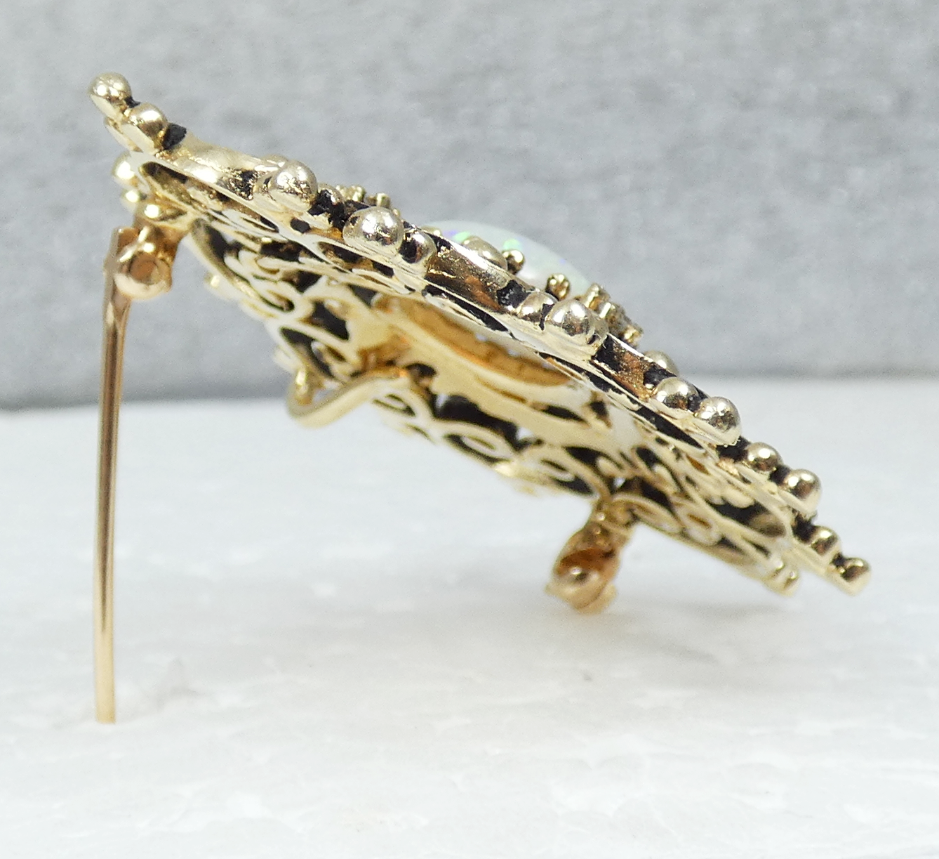 Vintage 14ct Yellow Gold Solid Opal & Diamond Filigree Necklace Pendant Brooch