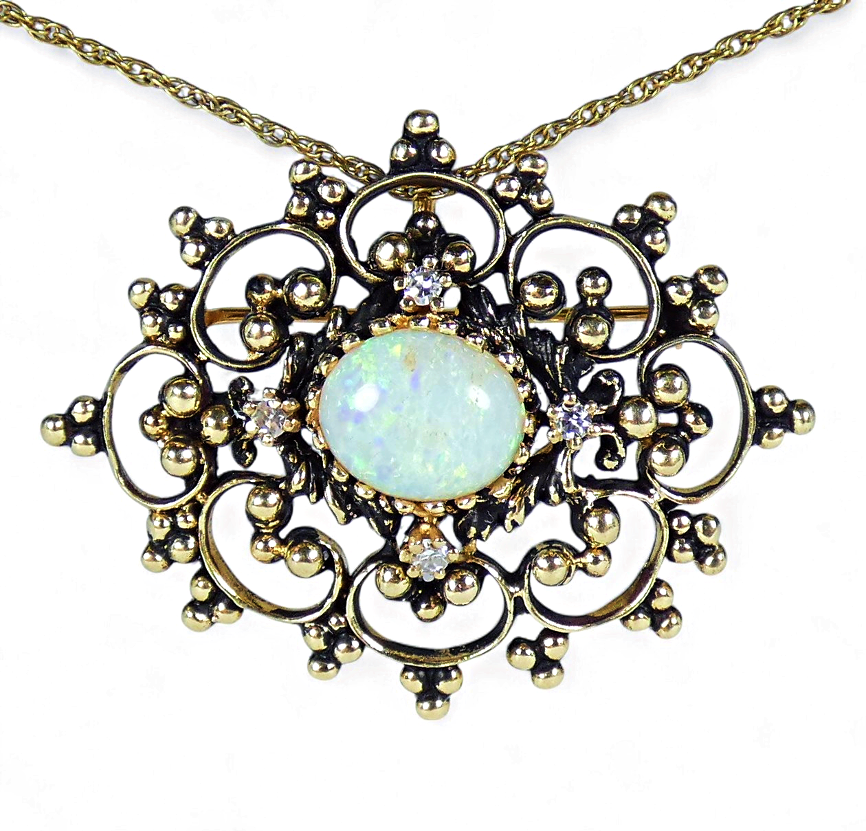 Vintage 14ct Yellow Gold Solid Opal & Diamond Filigree Necklace Pendant Brooch