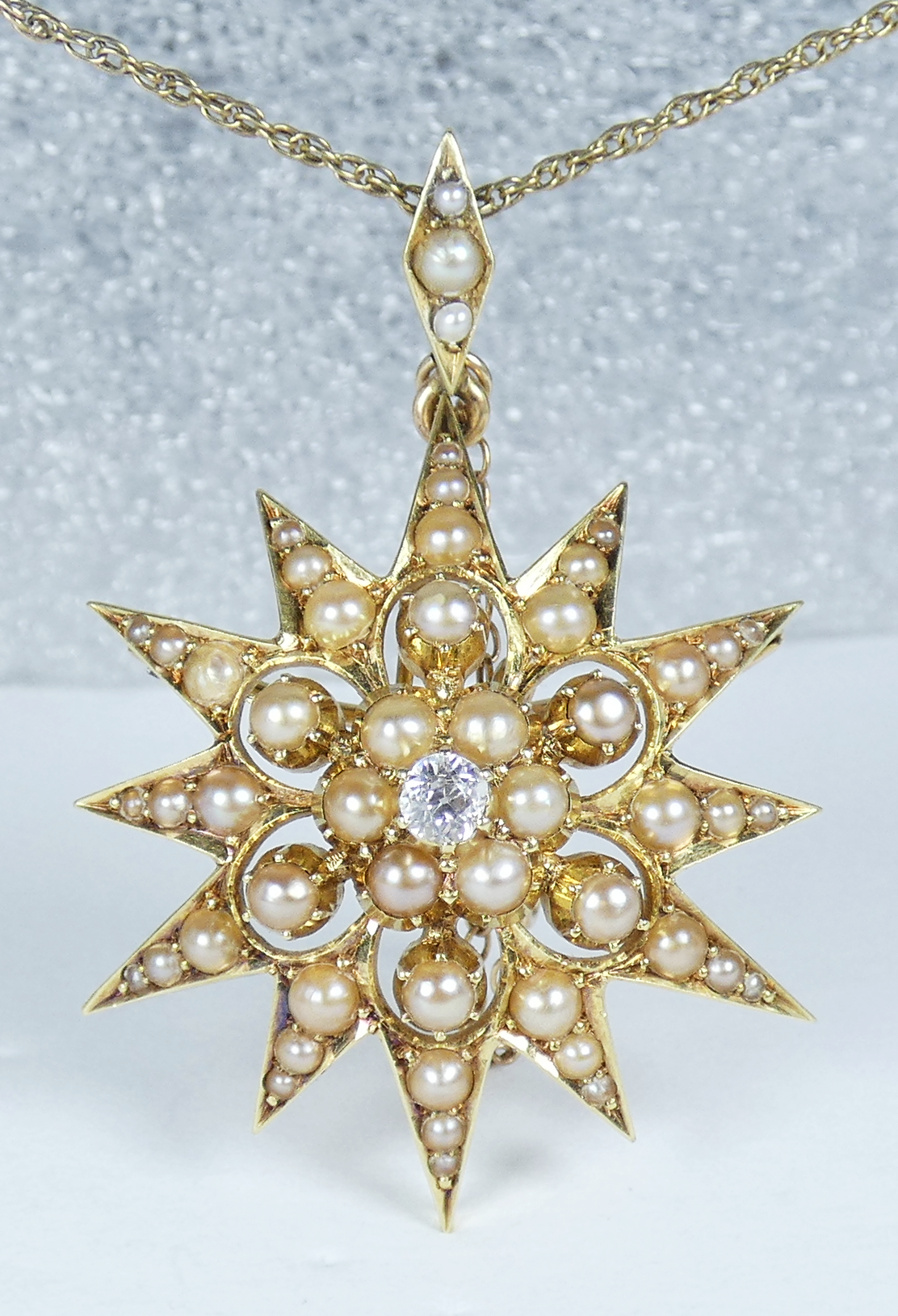Antique Victorian 15ct Yellow Gold Pearl Diamond Sun Star Burst Pendant Brooch