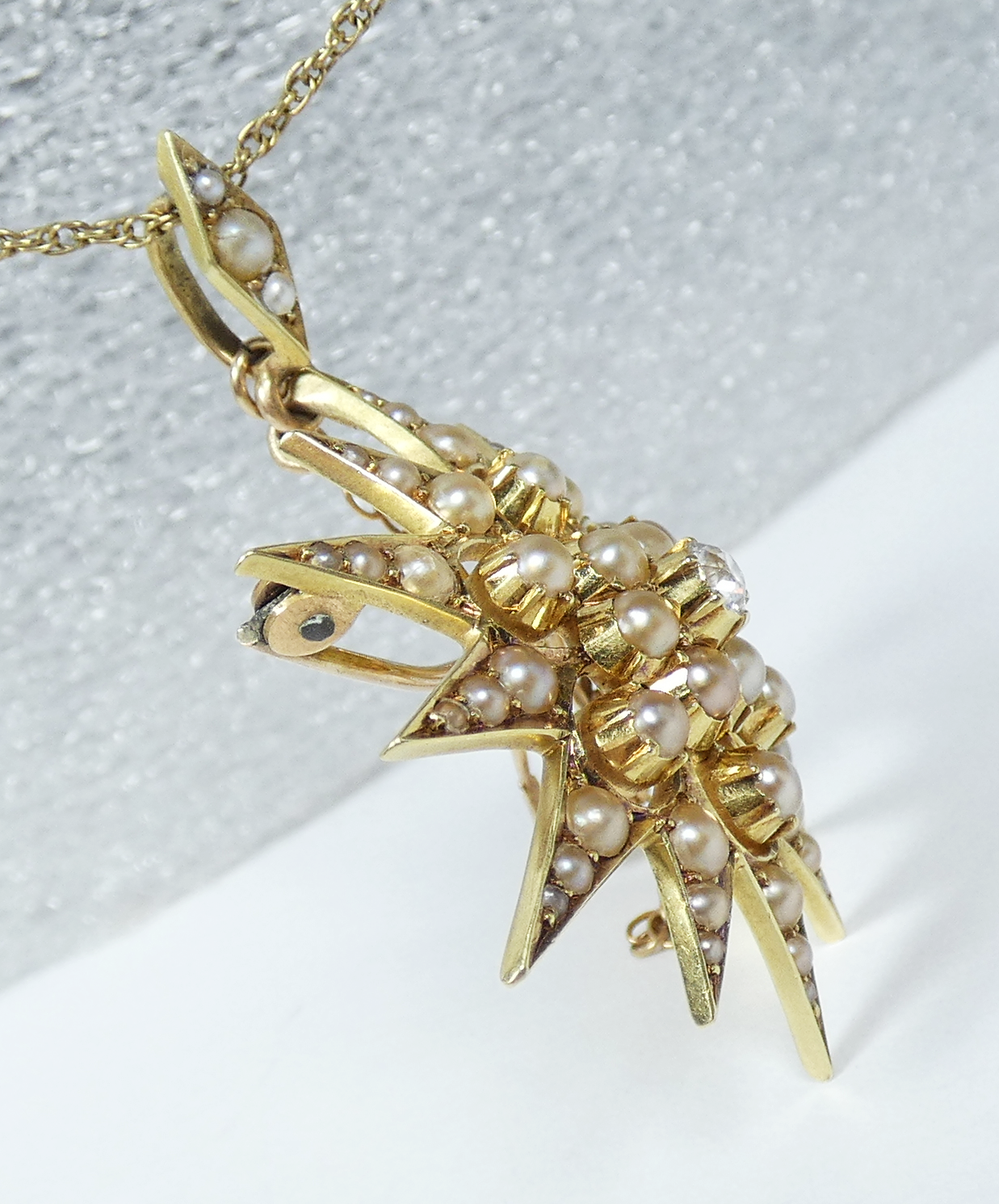 Antique Victorian 15ct Yellow Gold Pearl Diamond Sun Star Burst Pendant Brooch