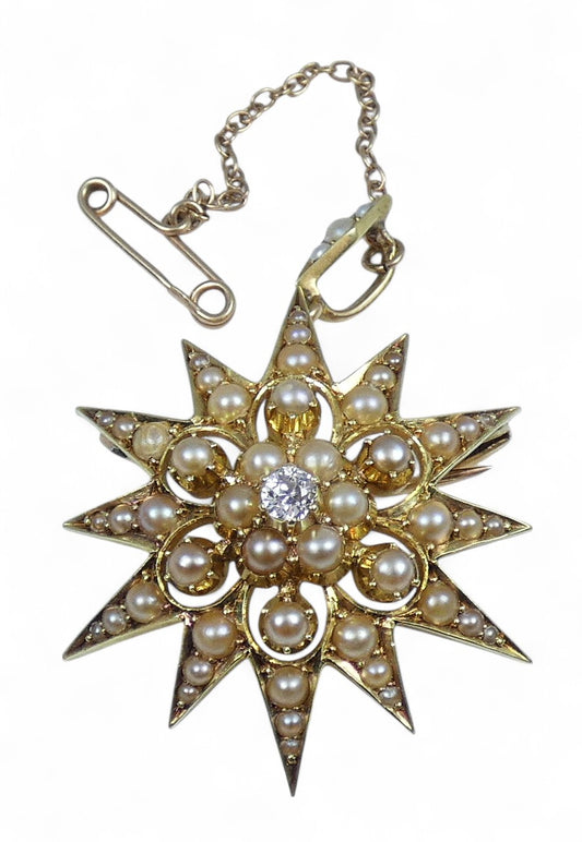 Antique Victorian 15ct Yellow Gold Pearl Diamond Sun Star Burst Pendant Brooch