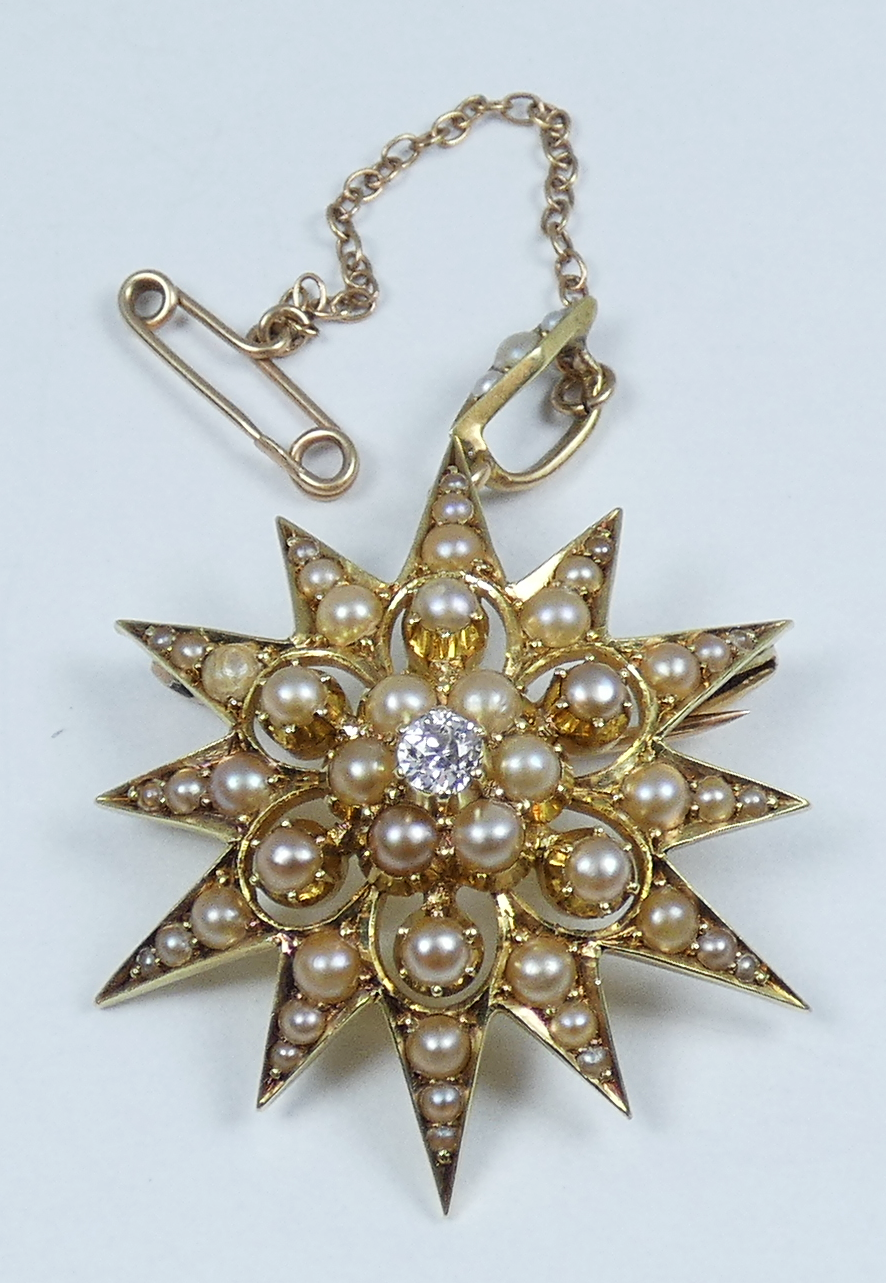 Antique Victorian 15ct Yellow Gold Pearl Diamond Sun Star Burst Pendant Brooch