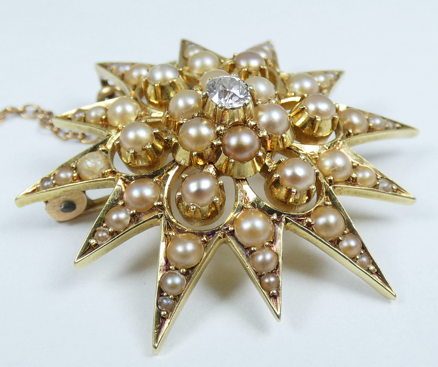 Antique Victorian 15ct Yellow Gold Pearl Diamond Sun Star Burst Pendant Brooch