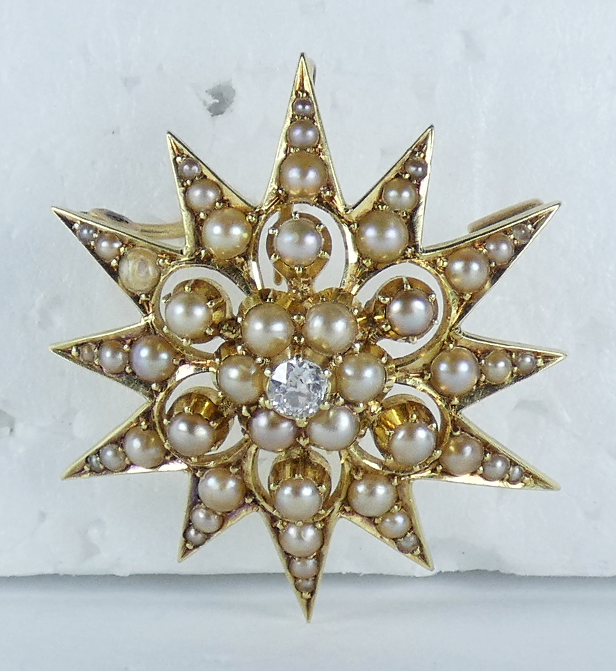 Antique Victorian 15ct Yellow Gold Pearl Diamond Sun Star Burst Pendant Brooch