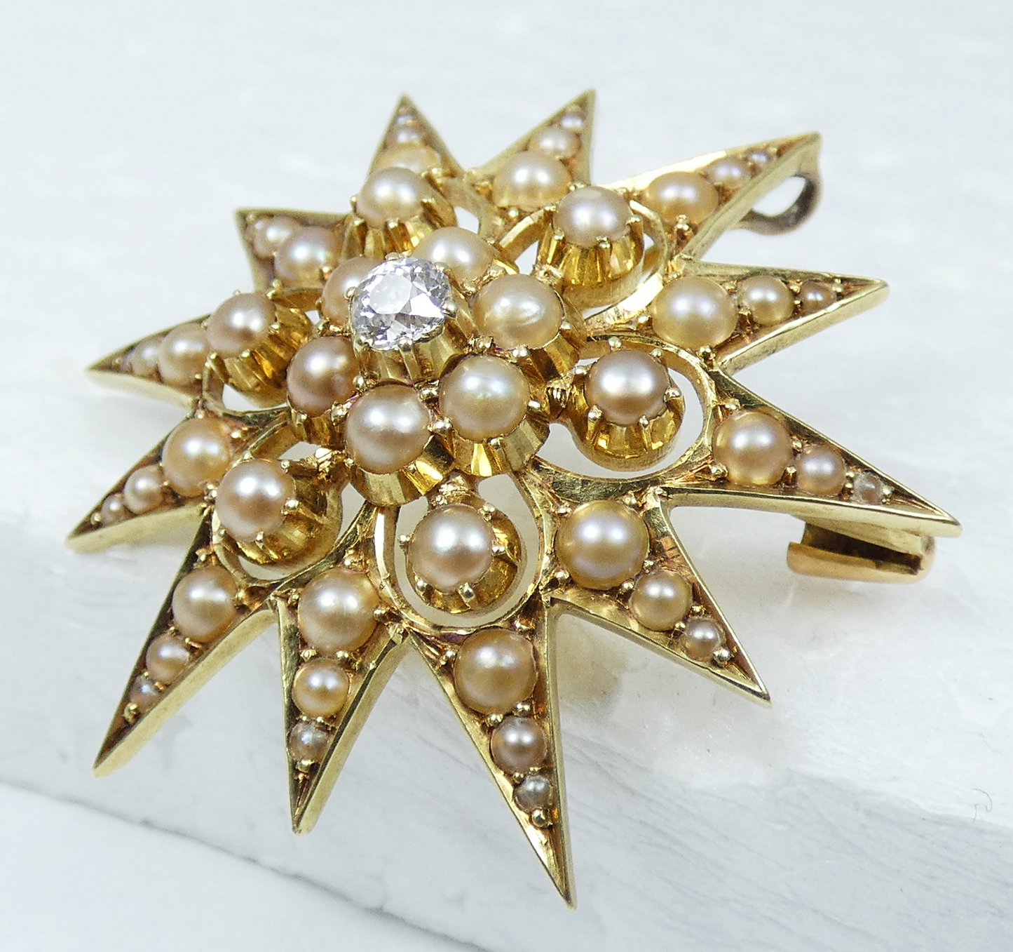 Antique Victorian 15ct Yellow Gold Pearl Diamond Sun Star Burst Pendant Brooch
