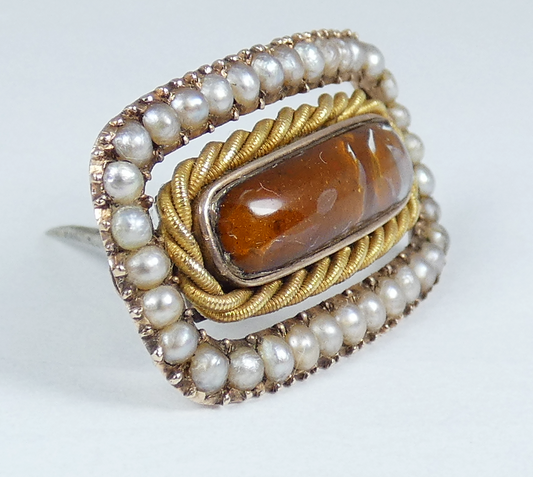 Antique Victorian Solid 9ct Yellow Gold Red Stone & Seed Pearl Mourning Brooch