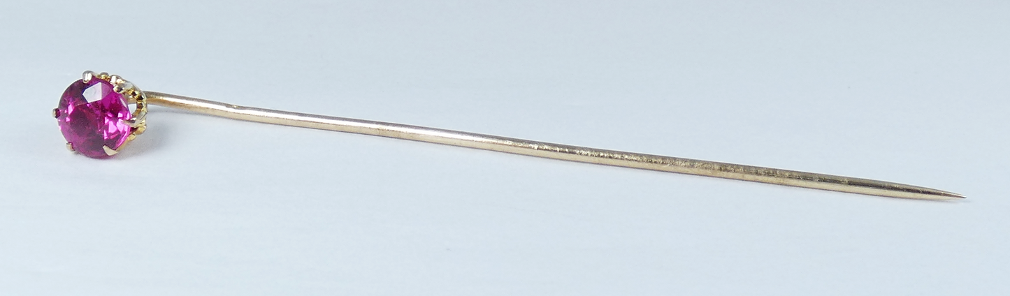 Antique Vintage Solid 14ct Yellow Gold Pink Ruby 68mm Stick Hat Pin Brooch 585