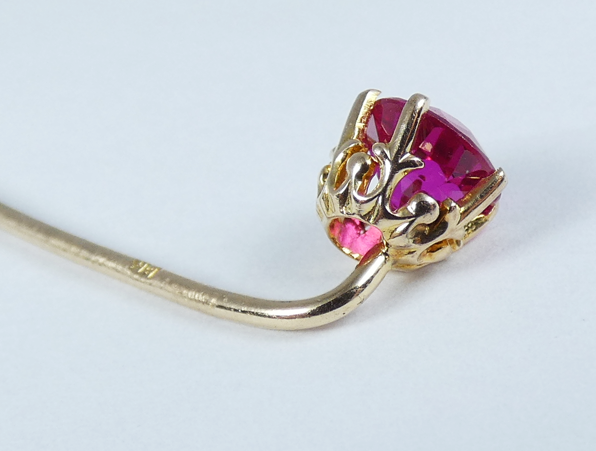Antique Vintage Solid 14ct Yellow Gold Pink Ruby 68mm Stick Hat Pin Brooch 585