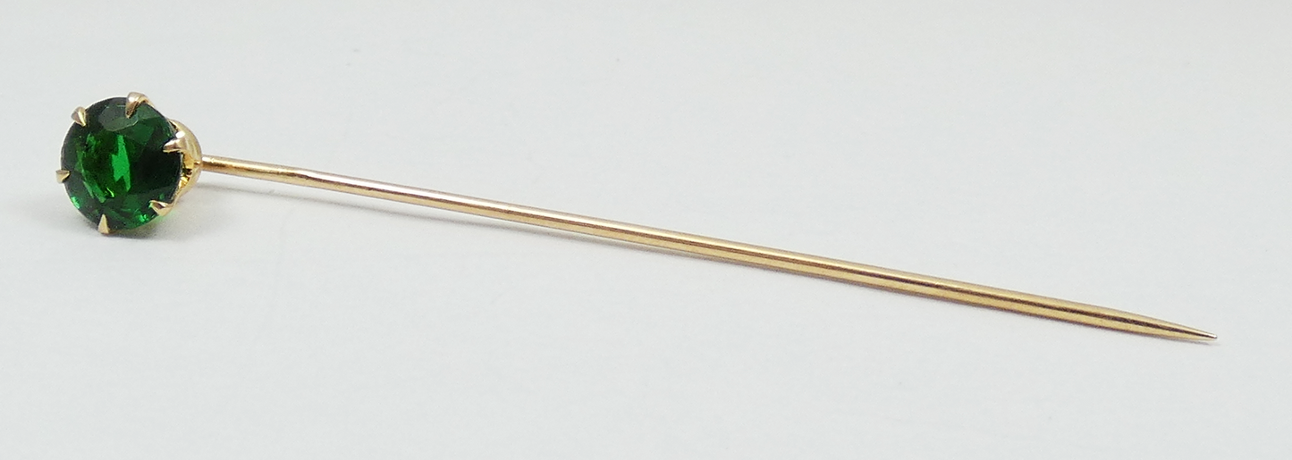 Antique Vintage Solid 14ct Yellow Gold Green Stone 59mm Stick Hat Pin Brooch 585